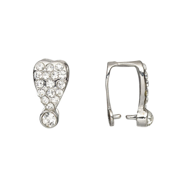 Bail, ice-pick, Egyptian glass rhinestone and imitation rhodium-plated brass, clear, 16x8mm heart, 10mm grip length. Sold per pkg of 6. image number 0