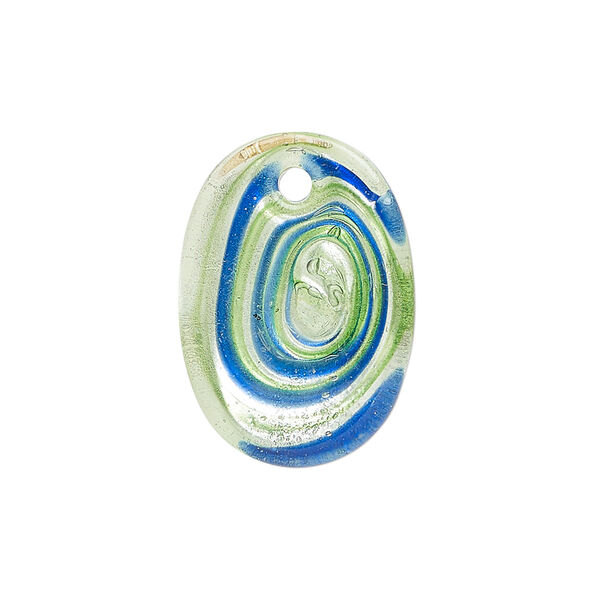 Drop, lampworked glass 1pkg1, translucent and transparent blue and green with silver-colored foil, 25x18mm top-drilled flat oval. image number 0