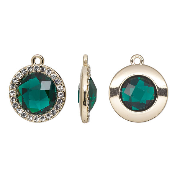 Drop, glass / glass rhinestone / gold-finished "pewter" (zinc-based alloy), clear and transparent emerald green, 19mm single-sided round. Sold per pkg of 2. image number 0