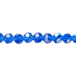 Bead 1pk 32 facets translucent medium blue AB, Celestial Crystal® 6mm round 15.5-16 inch
