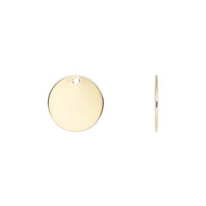 Drop, gold-plated brass, 12mm flat round. Sold per pkg of 100.