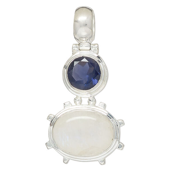 Pendant, rainbow moonstone (natural) / iolite (natural) / sterling silver, 40x26mm oval. Sold individually. image number 0