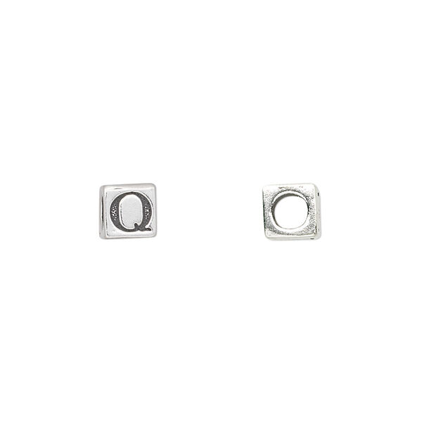 Bead, sterling silver, 5.5mm cube with alphabet letter "Q." Sold individually. image number 0