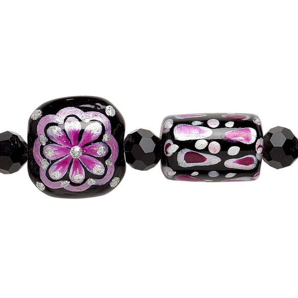 Bead, glass and lampworked glass, black / multi-pinks / metallic silver, 6mm faceted round and 10x10mm-16x10mm double-sided multi-shape with hand-painted abstract designs. Sold per 7-inch strand. image number 0