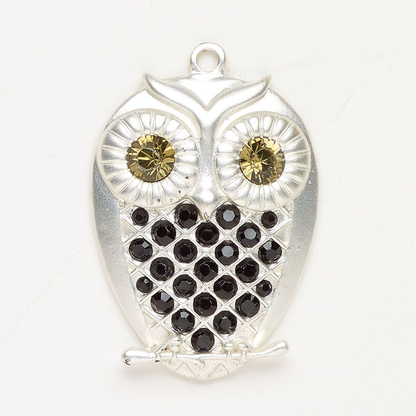 Brass / acrylic 1pkg1, owl focal matte silver-finished / black / yellow-green 39x29mm image number 0