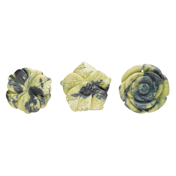 Yellow "turquoise" (serpentine with quartz) 1pkg3, carved flower focal natural B grade, mix 30x35mm-37x36mm image number 0