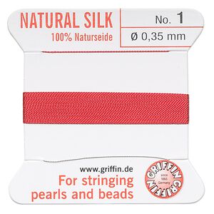 Thread, Griffin, silk, red, size #1. Sold per 2-meter card (approximately 78 inches).