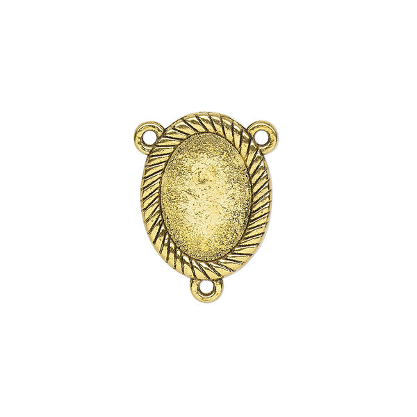 Connector, antique gold-finished "pewter" (zinc-based alloy), 17.5x14mm double-sided oval rosary with rope design and 13.5x9.5mm non-calibrated oval cabochon glue-in setting. Sold per pkg of 4. image number 0