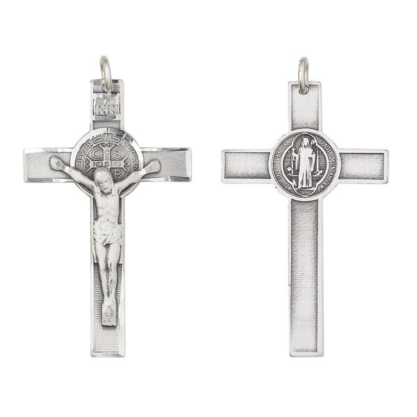 Focal, Britannia pewter (tin-based alloy), 45x27mm two-sided diamond-cut crucifix with Saint Benedict. Sold individually. image number 0