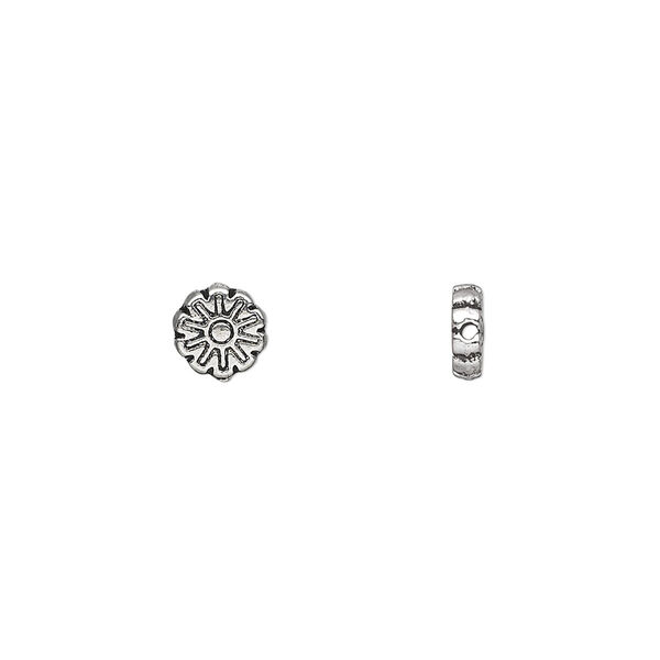 Bead, antique silver-plated "pewter" (zinc-based alloy), 6x6mm double-sided flower with sun design. Sold per pkg of 100. image number 0