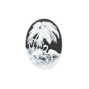 Cabochon, acrylic, black and white, 25x18mm non-calibrated oval cameo with palm tree and flamingo. Sold individually.