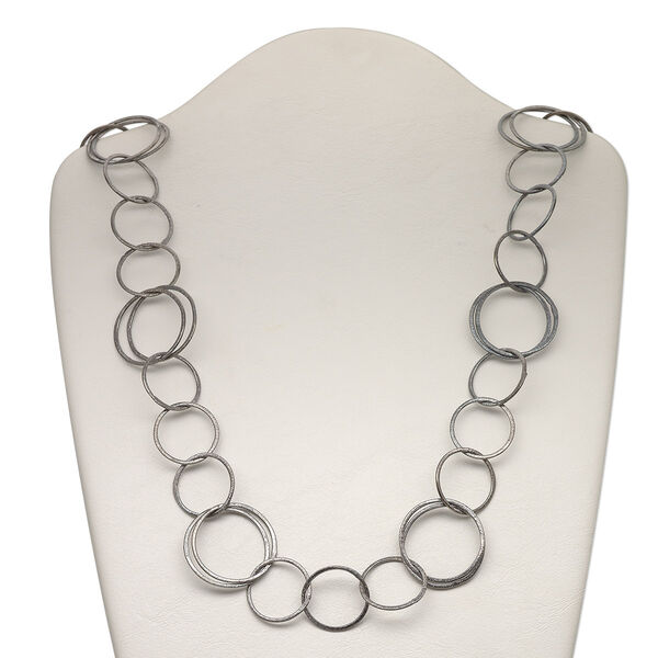 Chain, gunmetal-plated copper, 24mm brushed round and 31mm brushed double round, 36 inches with S-hook clasp. Sold individually. image number 0