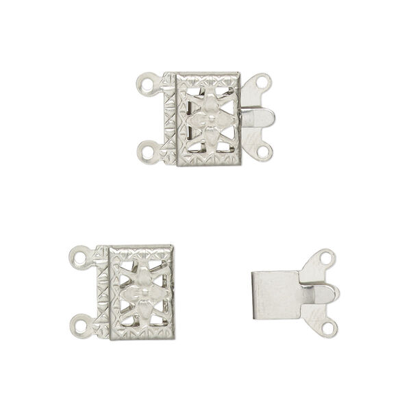 Clasp, 2-strand tab, stainless steel, 10x7mm rectangle with filigree design. Sold per pkg of 10. image number 0