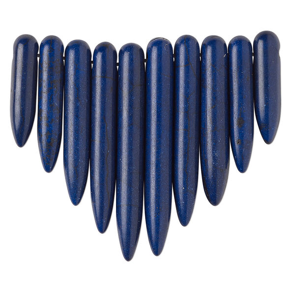 Focal, magnesite (dyed / stabilized), lapis blue, 20x5mm-39x5mm graduated spike fan, B grade, Mohs hardness 3-1/2 to 4. Sold per 10-piece set. image number 0