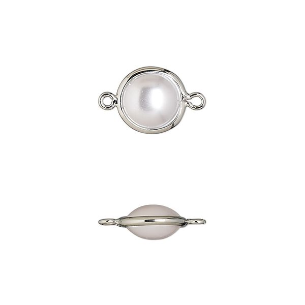 Link, acrylic pearl and imitation rhodium-finished brass, opaque cream, 10mm double-sided round. Sold per pkg of 10. image number 0