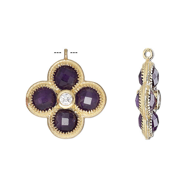 Drop, amethyst (natural) / cubic zirconia / gold-finished sterling silver, clear, 19mm double-sided faceted flower. Sold individually. image number 0