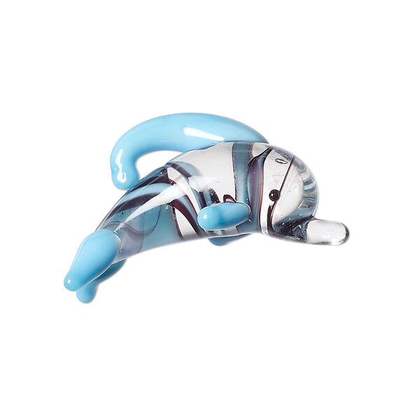 Drop, lampworked glass, clear / black / light blue, 29x17mm 3D dolphin. Sold individually. image number 0