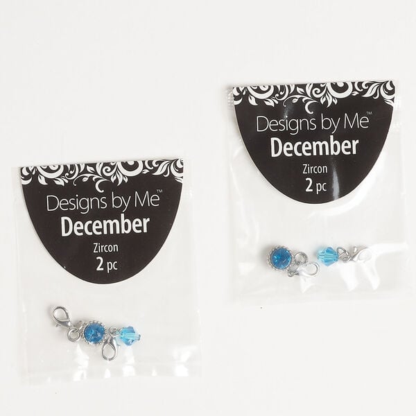 Drop assortment December 2pkg2, glass / antique silver-finished "pewter" (zinc alloy) / brass / steel, zircon blue, 22x7mm bicone with lobster claw clasp / 24x9mm round with lobster claw clasp. image number 0