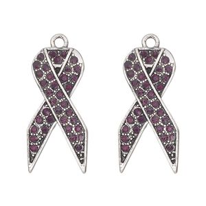 Charm, antique silver-finished "pewter" (zinc-based alloy) and glass, purple, 27x13mm single-sided awareness ribbon. Sold per pkg of 2.