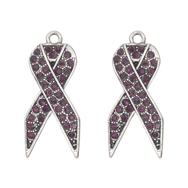 Charm, antique silver-finished "pewter" (zinc-based alloy) and glass, purple, 27x13mm single-sided awareness ribbon. Sold per pkg of 2. image number 0