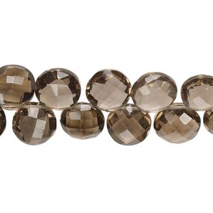 Smoky quartz 1pkg1, hand-cut top-drilled faceted puffed flat round bead 6 inch 8-10mm