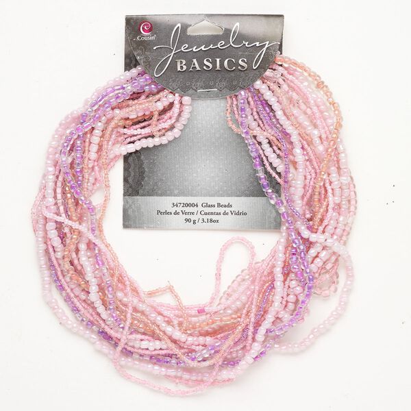 Seed bead mix, glass, 1pkg1, #2 - #11 round, 90g, opaque and translucent mixed pinks and purples image number 0