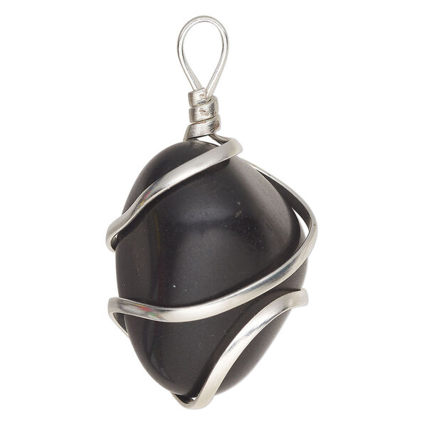 Pendant, black agate (dyed) and silver-plated copper, medium to large hand-cut wire-wrapped tumbled nugget. Sold individually. image number 0