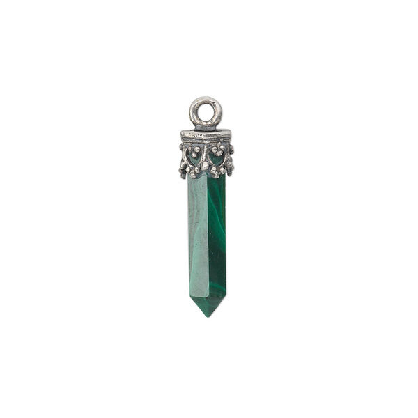Drop, malachite (natural) and sterling silver, 20x3mm-26x4mm hand-cut point. Sold individually. image number 0