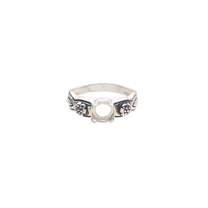 Ring, antiqued sterling silver, 7mm band with flower design and open back with 6mm round cabochon 4-prong setting, size 7. Sold individually.