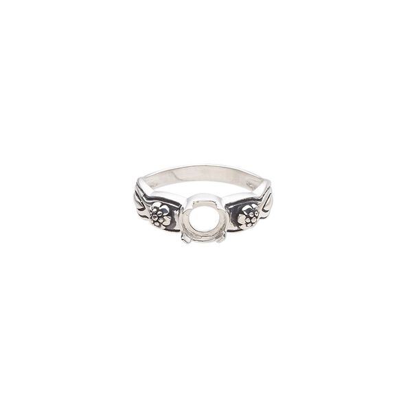 Ring, antiqued sterling silver, 7mm band with flower design and open back with 6mm round cabochon 4-prong setting, size 7. Sold individually. image number 0