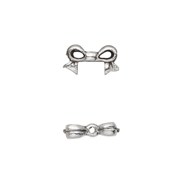 Bead, pewter (tin-based alloy), pkg/1, antique silver plate, 13x7mm double-sided bow, fits 6mm cube. image number 0
