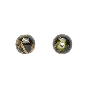 Bead, acrylic, green and gold, 10mm round with swirls. Sold per pkg of 200.