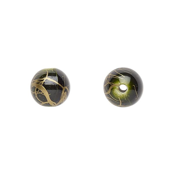 Bead, acrylic, green and gold, 10mm round with swirls. Sold per pkg of 200. image number 0