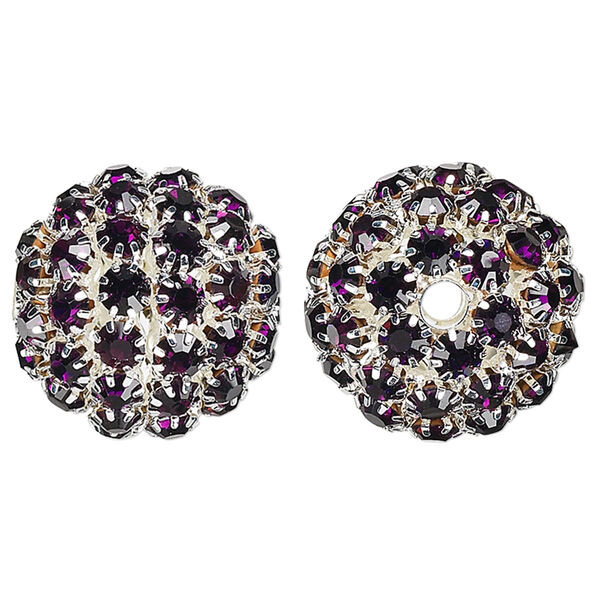 Bead, glass rhinestone and silver-finished brass, purple, 27mm ball with 5mm chatons, 4.5mm hole. Sold individually. image number 0