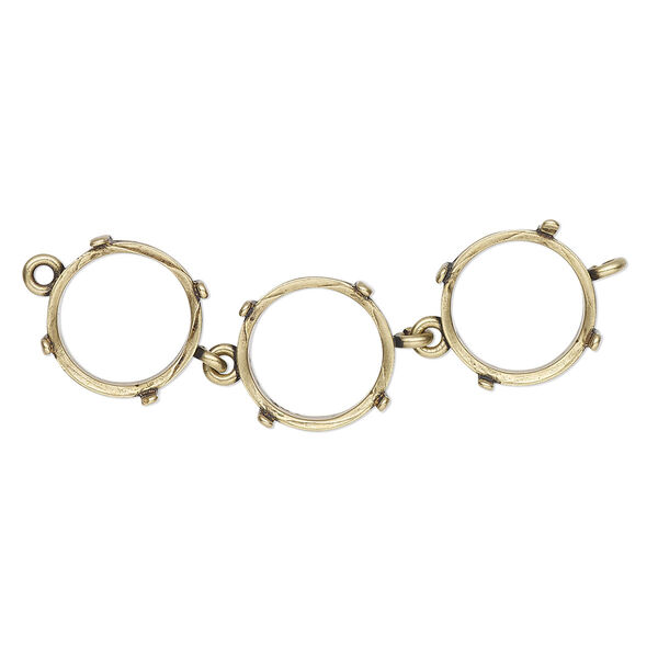 Link, JBB Findings, antique brass-plated brass, 43x12mm with open back and (3) 12mm 4-prong rivoli settings. Sold individually. image number 0