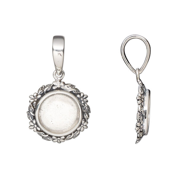 Pendant, antiqued sterling silver, 15.5mm round with flower and leaves design and 10mm round bezel setting. Sold individually. image number 0