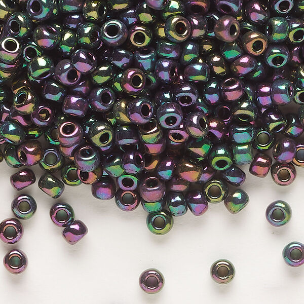 Seed bead, Dyna-Mites™, glass, opaque iris multi-rainbow, #6 round. Sold per 40-gram pkg. image number 0