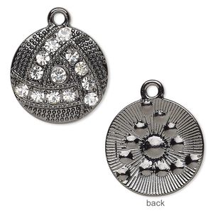 Drop, glass rhinestone and gunmetal-finished "pewter" (zinc-based alloy), clear, 21mm round. Sold per pkg of 3.