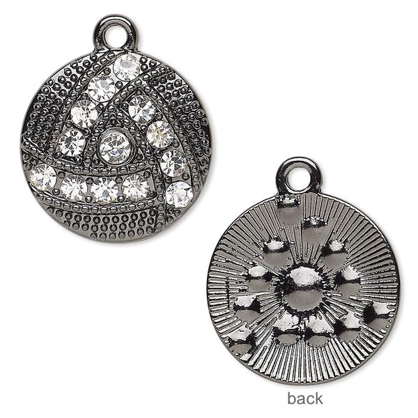 Drop, glass rhinestone and gunmetal-finished "pewter" (zinc-based alloy), clear, 21mm round. Sold per pkg of 3. image number 0