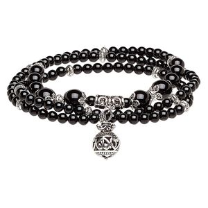 Black onyx / "pewter" (zinc-based alloy) 1pkg1, antiqued silver-plated hand-cut round stretch wrap bracelet 7.5 inch graduated 4-8mm / 11