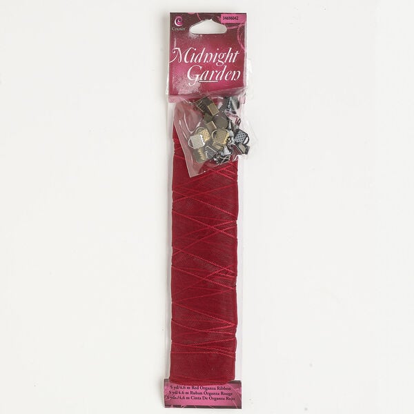 Ribbon and findings assortment 1pkg25, mixed-finish steel and organza, scarlet, 15mm flat ribbon. image number 0