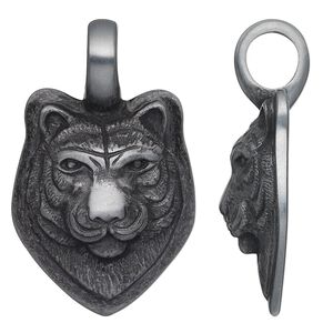 Pendant, antiqued "pewter" (zinc-based alloy), 34x26mm tiger head. Sold individually.