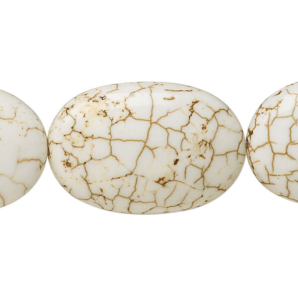 Bead, magnesite (stabilized), white, 30x20mm flat oval, B grade, Mohs hardness 3-1/2 to 4. Sold per 15-1/2" to 16" strand. image number 0