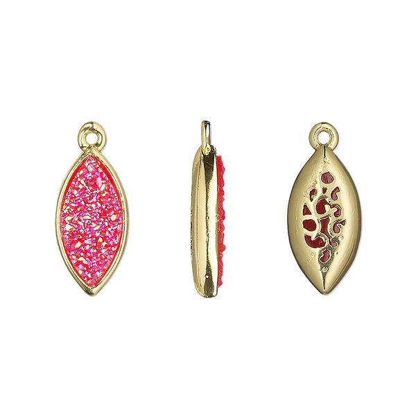 Drop, Druzylite™, "druzy" (resin) and gold-finished brass, hot pink, 16x8mm two-sided marquise with open filigree back. Sold per pkg of 4. image number 0
