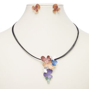Necklace and earring set, 6-strand, enamel / plastic / imitation rhodium-plated steel / "pewter" (zinc-based alloy), multicolored, 59x35mm flowers, 18-inch necklace with 2-inch extender chain and lobster claw clasp, 19x17mm flower with post. Sold per set.