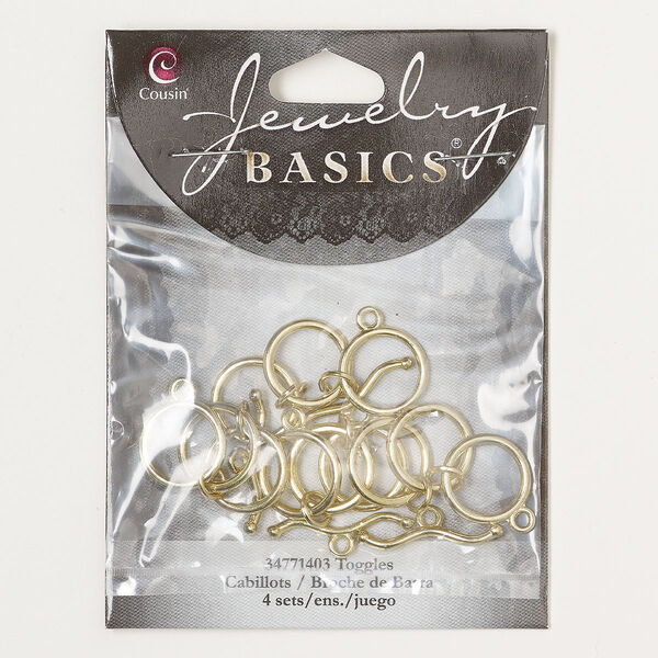 Clasp, toggle, gold-finished "pewter" (zinc-based alloy), 15mm round. Sold per pkg of 4. image number 0