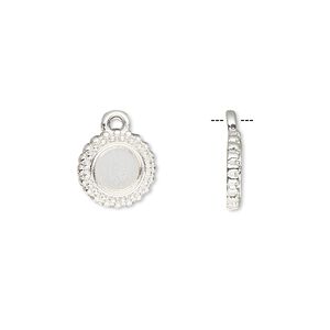Drop, silver-finished brass, 10.5mm single-sided beaded round with 6mm round setting. Sold per pkg of 10.