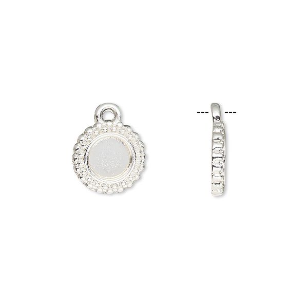 Drop, silver-finished brass, 10.5mm single-sided beaded round with 6mm round setting. Sold per pkg of 10. image number 0