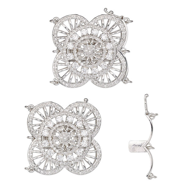 Clasp, 3-strand tab with safety, cubic zirconia and rhodium-plated brass, clear, 30.5mm flower with fancy cutout and 6 jump rings. Sold individually. image number 0