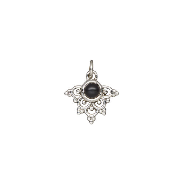 Black onyx / sterling silver 1pkg1, antiqued drop 13x11mm image number 1
